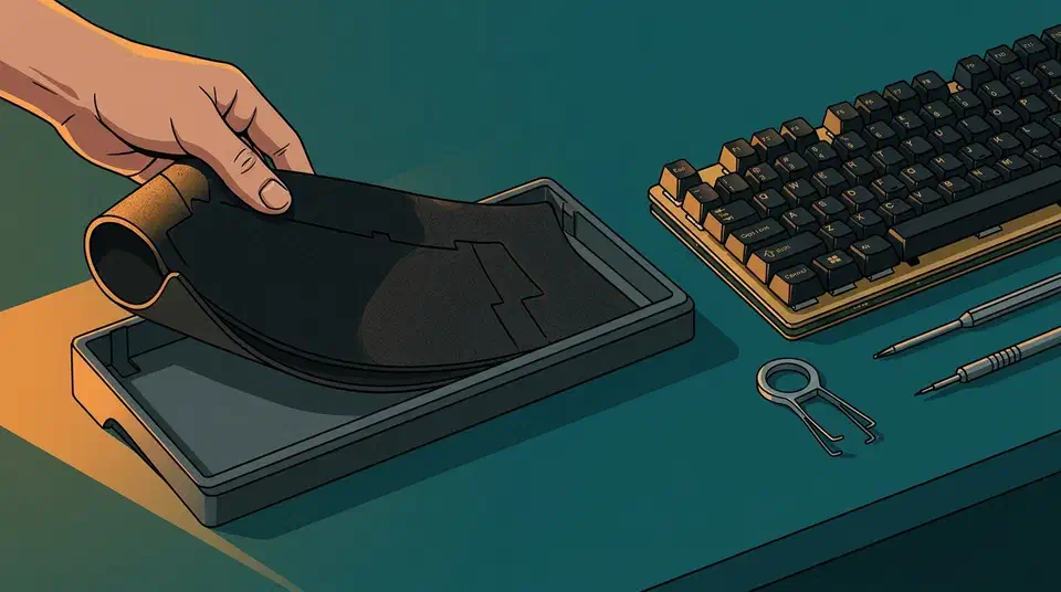 A hand laying a black Poron foam sheet into an empty keyboard case beside the assembled keyboard, keycap puller and screwdrivers