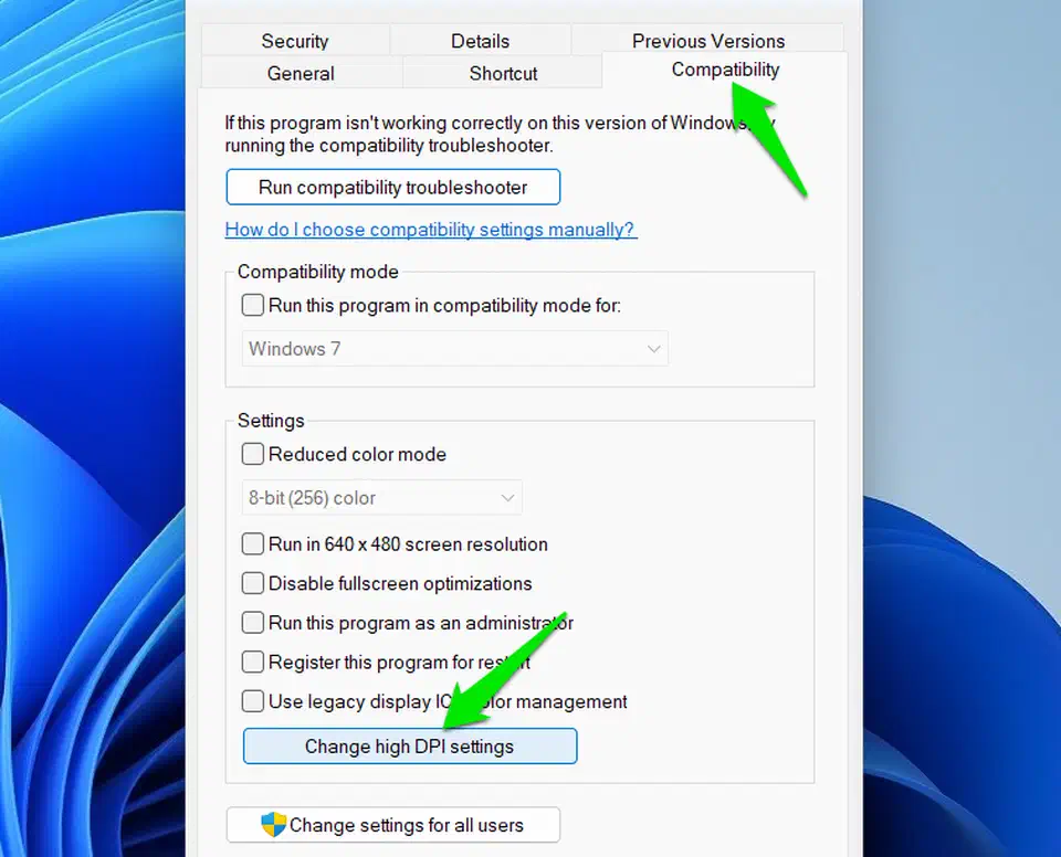 Compatibility tab of an executable&rsquo;s Properties window with the Change high DPI settings button