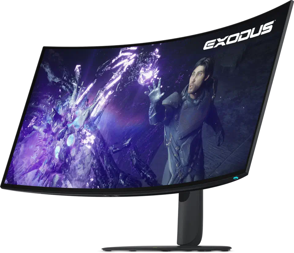 Alienware AW3926QW seen from an angled front three-quarter view, the glossy 39-inch screen filled with a purple game scene, showing the panel wrap and the pedestal stand
