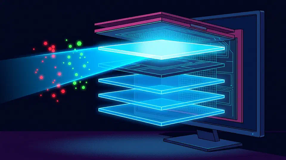Cutaway QD-OLED monitor panel showing five stacked blue emitting layers casting light forward with red and green quantum-dot sparks