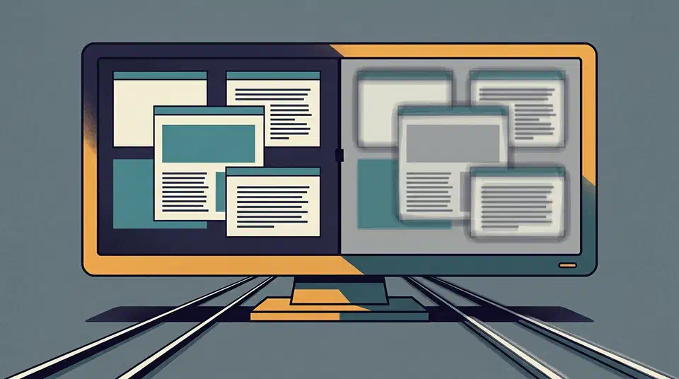 Desktop monitor with its screen split in half, sharp app windows on the left and blurred ghosted copies of the same windows on the right