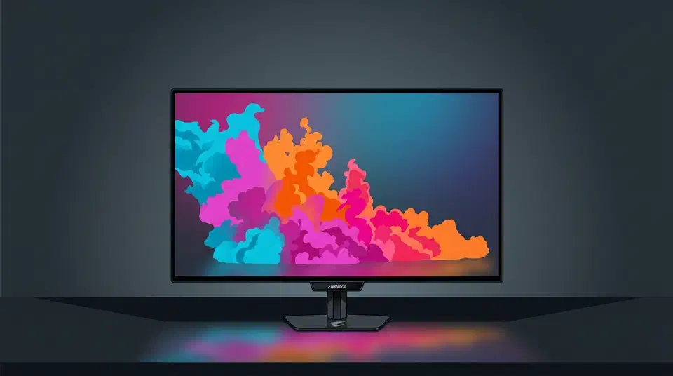 Gigabyte Aorus FO27Q28G monitor on a dark desk, screen showing a pink, orange and cyan colour burst that glows onto the desk