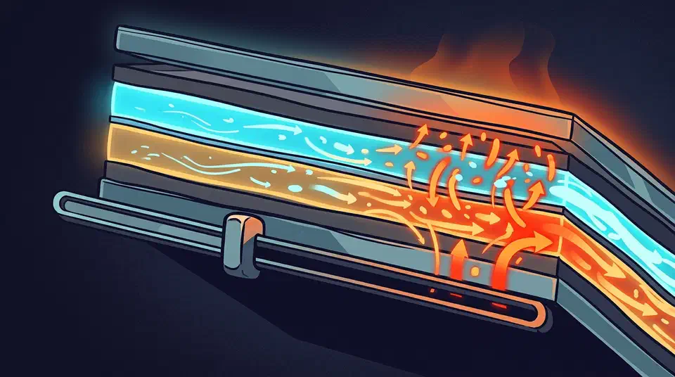 Cutaway of a tandem OLED panel with two stacked emissive layers beside an oversized brightness slider held low, current streams flowing through the stack