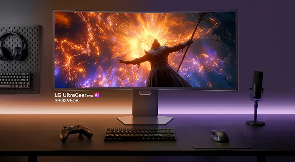 LG UltraGear 39GX950B curved ultrawide monitor angled on a dark desk