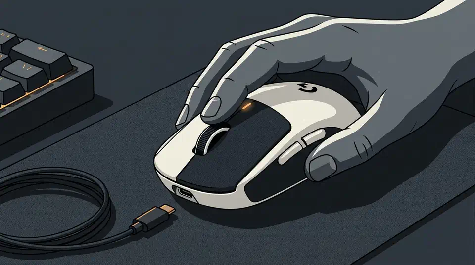 Logitech G Pro X2 Superstrike gaming mouse sitting on a desk mat beside a keyboard, with a fingertip resting on its left button
