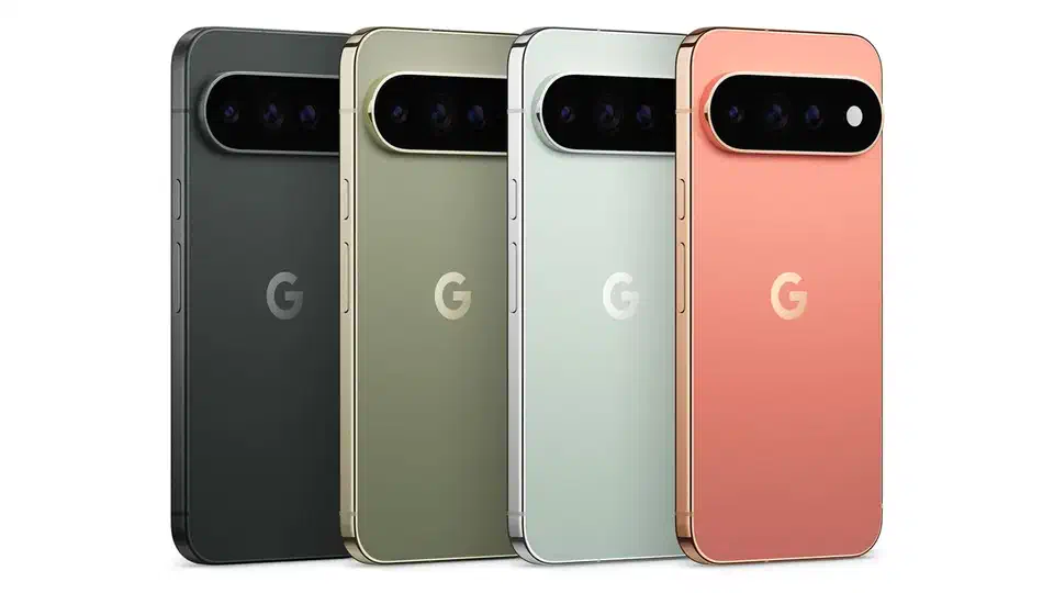 Pixel 11 Pro and Pro XL shown in Canyon, Fog, Olive, and Obsidian colors