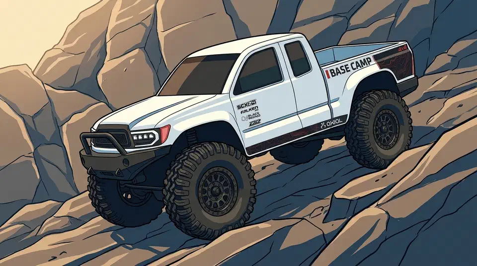 White Axial SCX24 Base Camp micro rock crawler climbing an off-camber rocky slope with all four tires gripping the stone