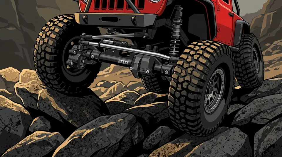 Reefs XP199 black portal front axle mounted on a red 1/10 rock crawler climbing over dark boulders