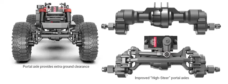 Redcat Ascent-18 high-steer portal axles, close-up of the front and rear axle housings